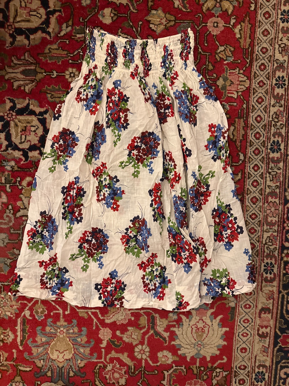 THE GREAT. Viola skirt White Midi Skirt with Red, Blue & Green Floral Print - Picture 2 of 4